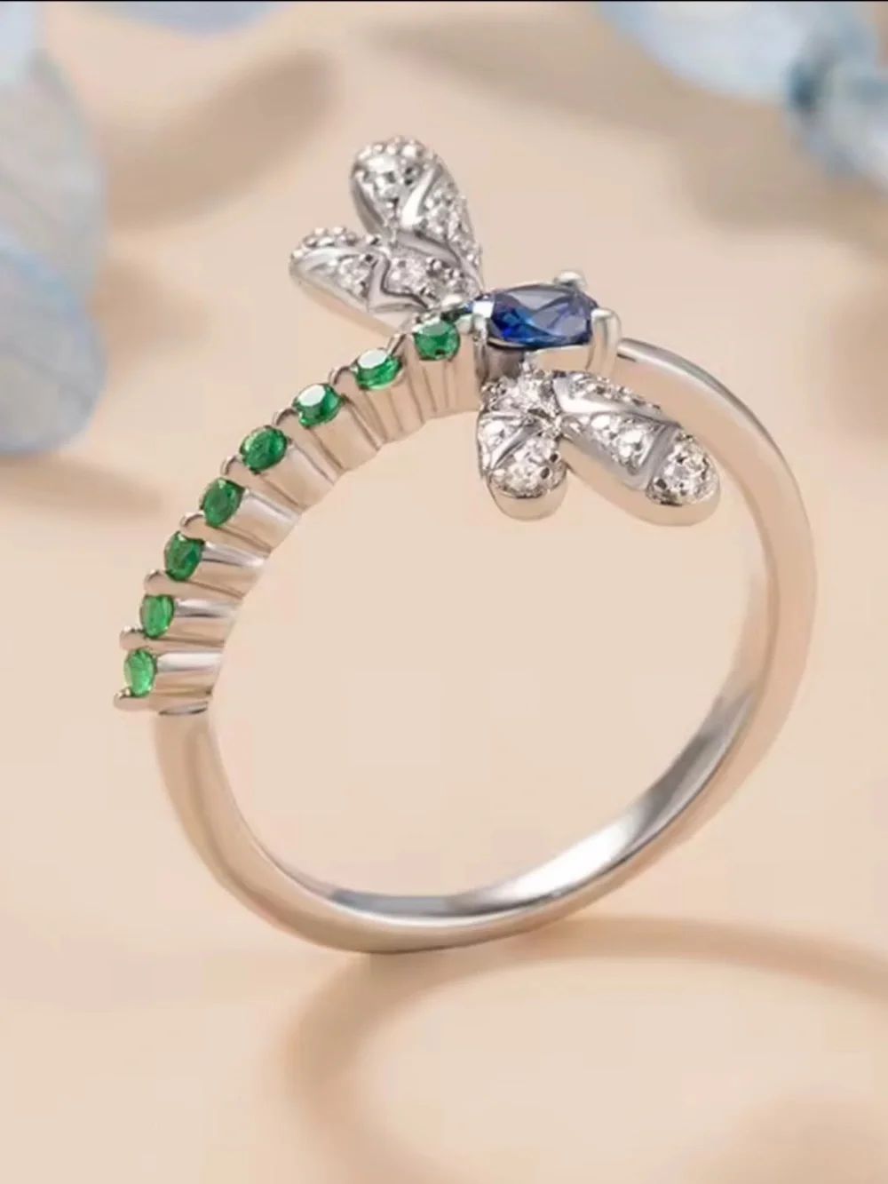 Dragonfly Silver Diamond Crystal Ring